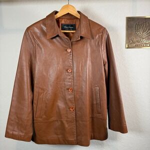 Four Season Fashion Leather Brown Button Front Jacket Women Size 77